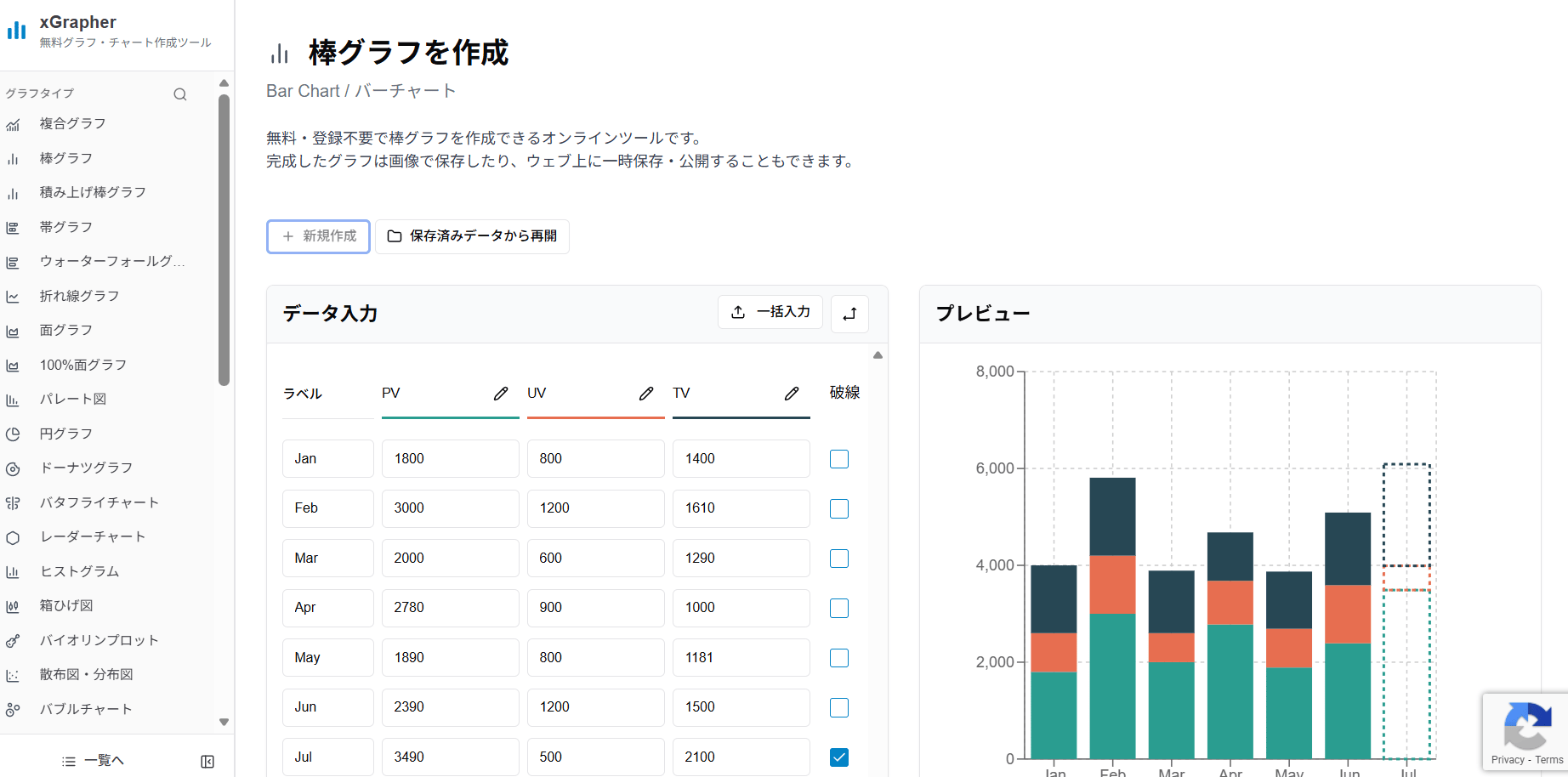 xGrapherの積み上げ棒グラフ作成画面